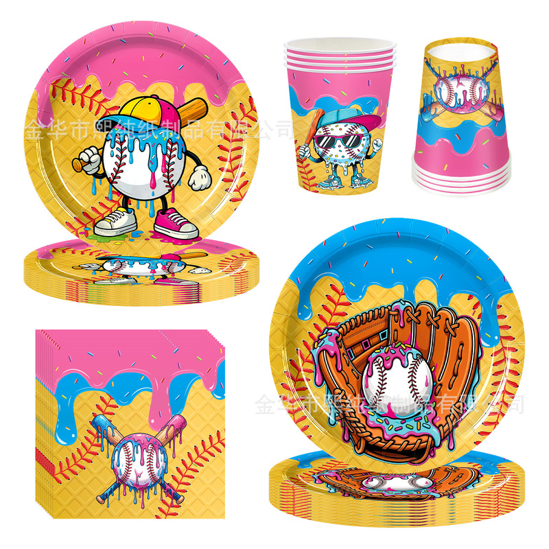 New Hot-Selling Baseball-Themed Ice Cream Party Decorations Children's Birthday Paper Plates, Napkins, and Tableware Arrangement Supplies