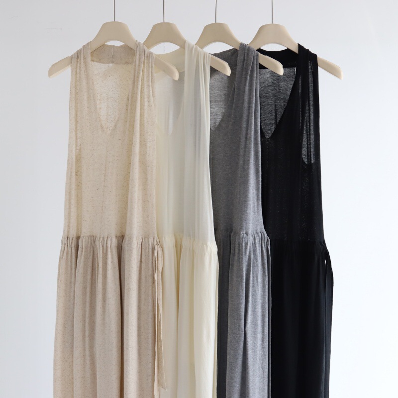 Tencel Linen Halterneck Sleeveless Dress for Women Early Autumn New V-Neck Belt Drawstring Long Lined Knitted Skirt Autumn