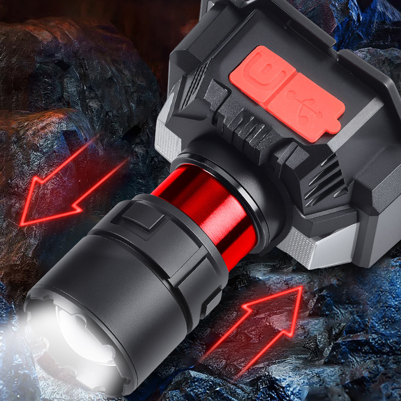 Nuevo estilo transfronterizo de batería de litio de larga duración, luz de emergencia con zoom, luz de pesca nocturna montada en la cabeza de inducción, luz de luz fuerte para exteriores recargable