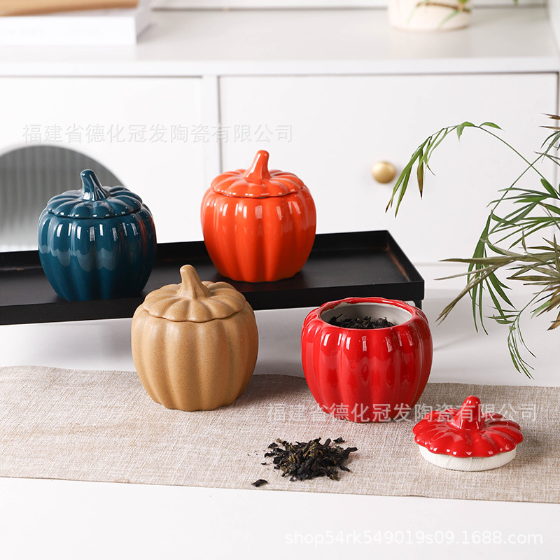 Personalizada simulación de Halloween calabaza frutas y verduras cerámicas de tamaño pequeño jar de té sellado de té a granel almacenamiento de polvo de incienso lote transfronterizo