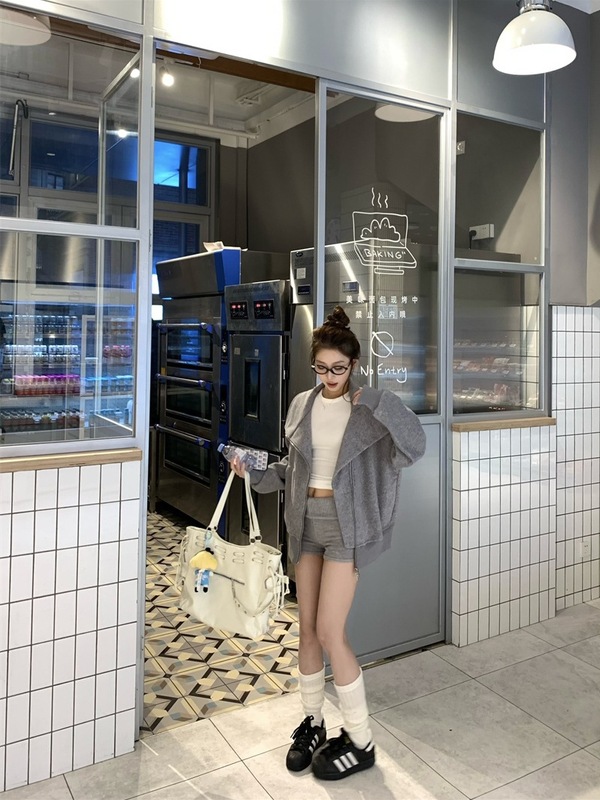 韩系慵懒灰色立领卫衣外套女秋季宽松拉链开衫chic高级感翻领上衣|undefined