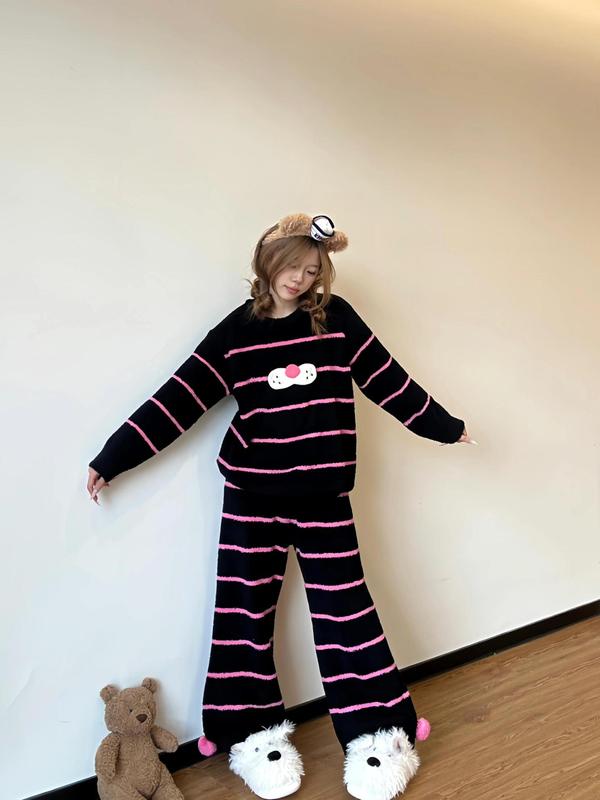 可爱酷猫半边绒睡衣女款2025新款冬季加绒加厚毛绒针织家居服套装|undefined