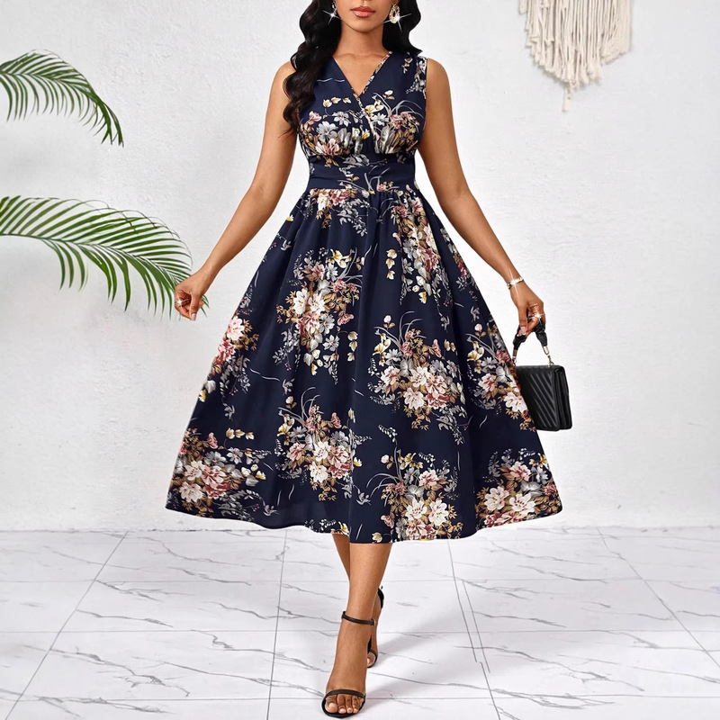 European and American Women's Plus-Size Floral Print V-Neck Sleeveless Elegant Mid-Length Waist-Cinching Vacation Dress Amazon European and American Women's Plus-Size Floral Print V-Neck Sleeveless Elegant Mid-Length Waist-Cinching Vacation Dress Amazon
