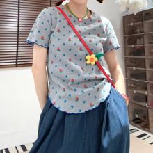 大码韩国女装夏季新款胖mm简约休闲风减龄华夫格碎花圆领短袖T恤