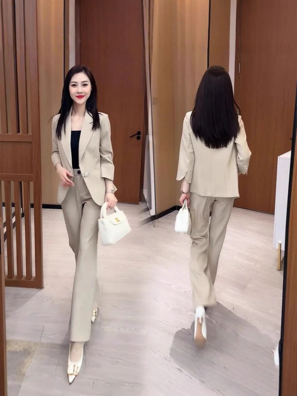 职业西装套装女2025秋季新款洋气质国风盘扣七分袖西服西裤两件套|undefined