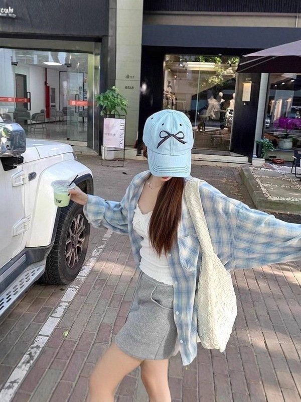 美式复古蓝色格子衬衫外套女2025秋季新款别致宽松休闲防晒衬衣潮|undefined