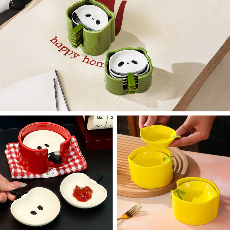 Creative Cartoon Ceramic Seasoning Dish Cute Panda Lemon Apple Dipping Dish Home Dining Table High-End Dish