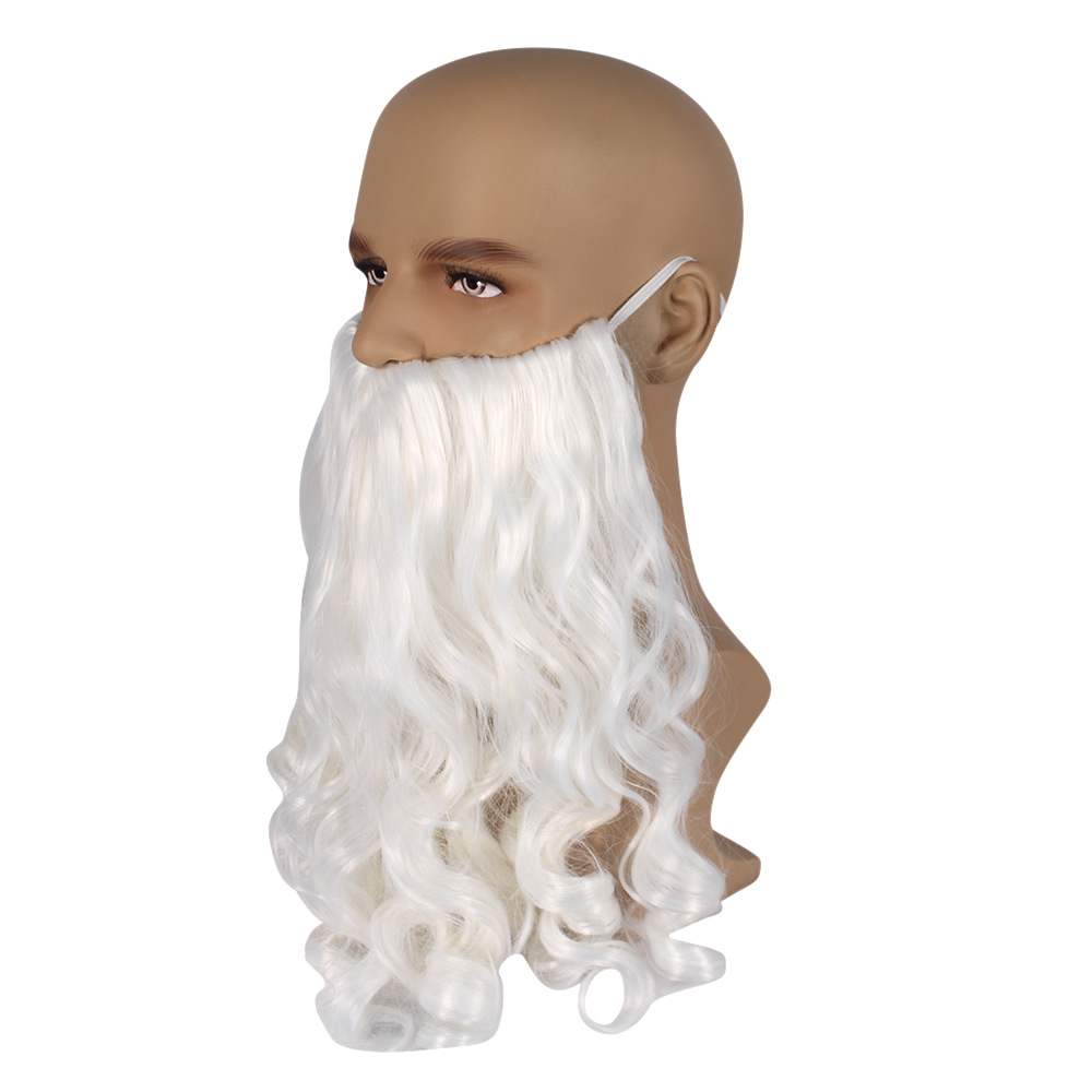 Synthetische Perücke, weiße, lange lockige Haare, bärtige Weihnachtsmann-Perücke_voghion.com