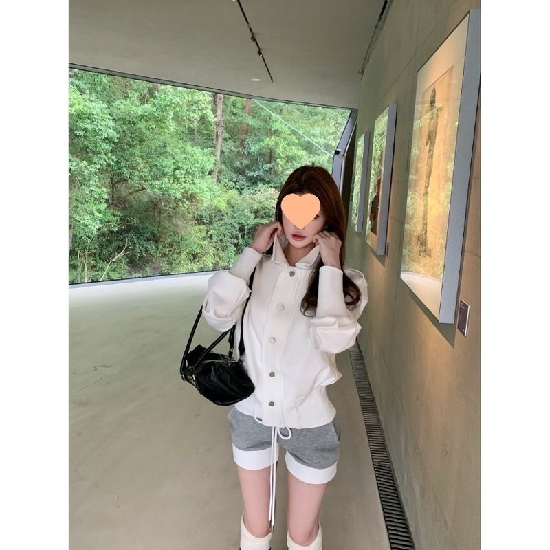 白色单排扣立领长袖外套女秋季2025新款美式宽松开衫休闲气质上衣|undefined