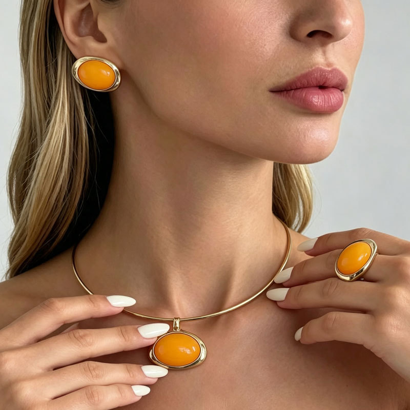 European and American cross-border fashion oval gradient resin pendant necklace, metal-edged imitation tiger eye stone ring and earring set
