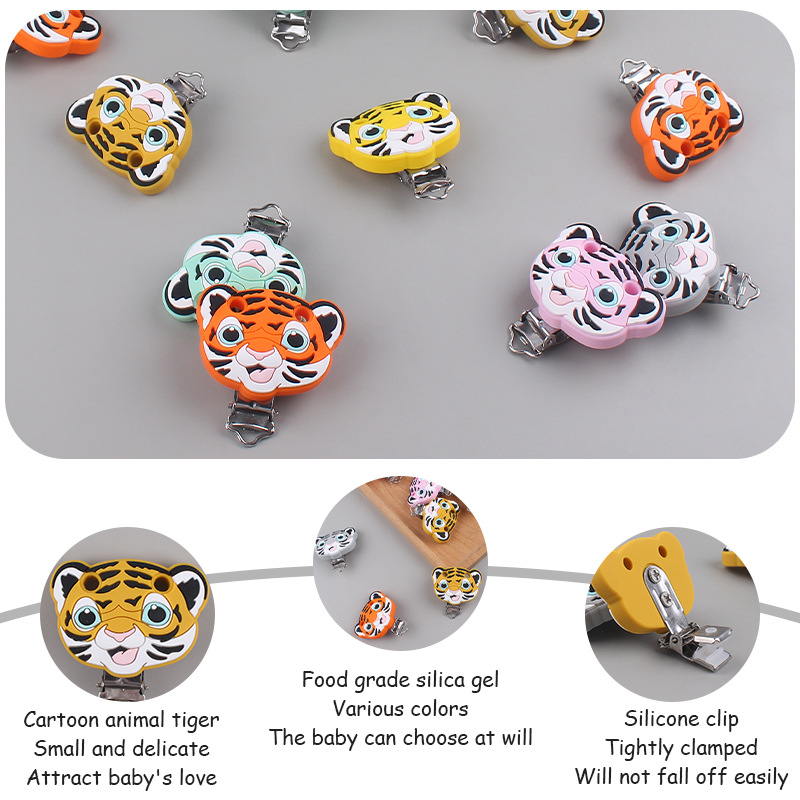 Nuevo bebé suministros de dibujos animados de silicona animal Tigre forma calmante bebé chupete de silicona anti-gota clip de cadena