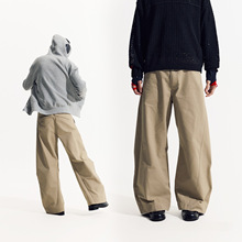 25SS廓形弯刀裤抽折弧线多细节长裤简约百搭宽松休卡其色灰绿色