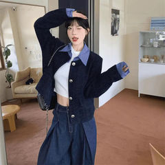 小香風2025秋冬新作韓国風フェイクツーピース拼接ラペルジャケットレディースゆったりカジュアルショートトップス