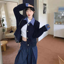 小香风2025秋冬季新款韩系假两件拼接翻领外套女宽松休闲短款上衣