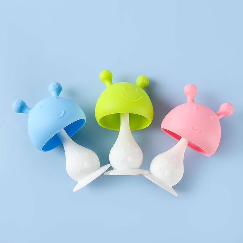 Cross-border best-selling baby teething gum, children's mushroom head rattle, baby gum massage teeth cleaner silicone teething gum