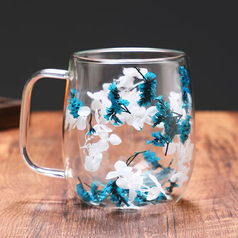 Taza de flores secas fresca pequeña Taza de vidrio de doble capa Taza de recuerdo creativa Suministro transfronterizo Taza de flores secas de alto valor