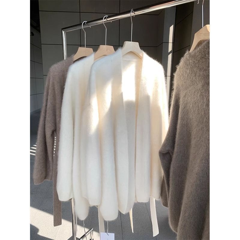 Milk White Mink Velvet Knitted Cardigan for Women in Autumn and Winter Mid-Length Soft Waxy Sweater Jacket Loose and Lazy