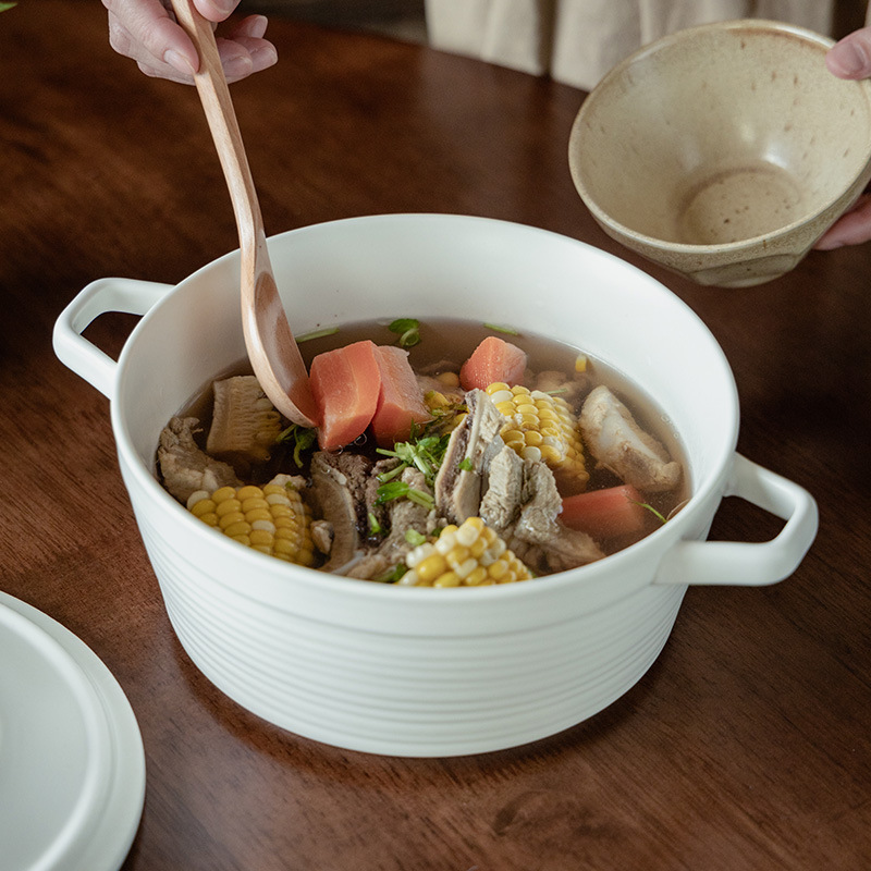 Cuenco de doble oreja grande súper práctico, tazón de sopa grande grueso de cerámica, tazón de verduras, tazón grande, tazón de fruta, tazón de olla picante