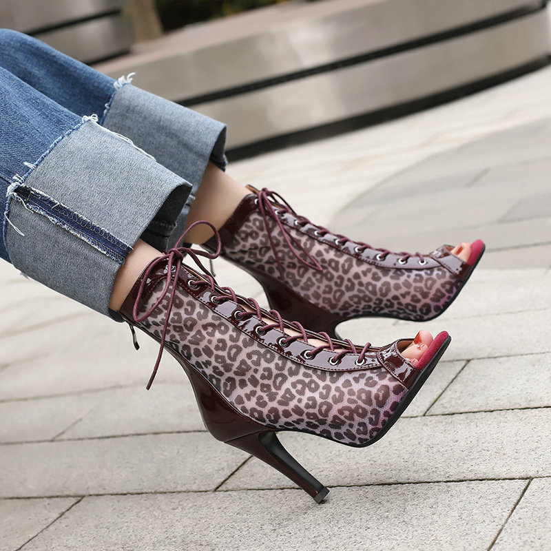 Foreign Trade Women's Leopard Print Summer New Style Hollow-Out Sandals, Thin High Heels, Front Lace-Up Women's Single Shoes, Roman Sandals