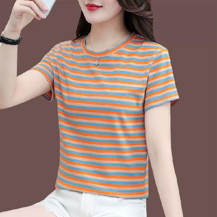 Женская летняя футболка с коротким рукавом в полоску, новая, свободного кроя, в корейском стиле, для женщин среднего возраста, топ для мам