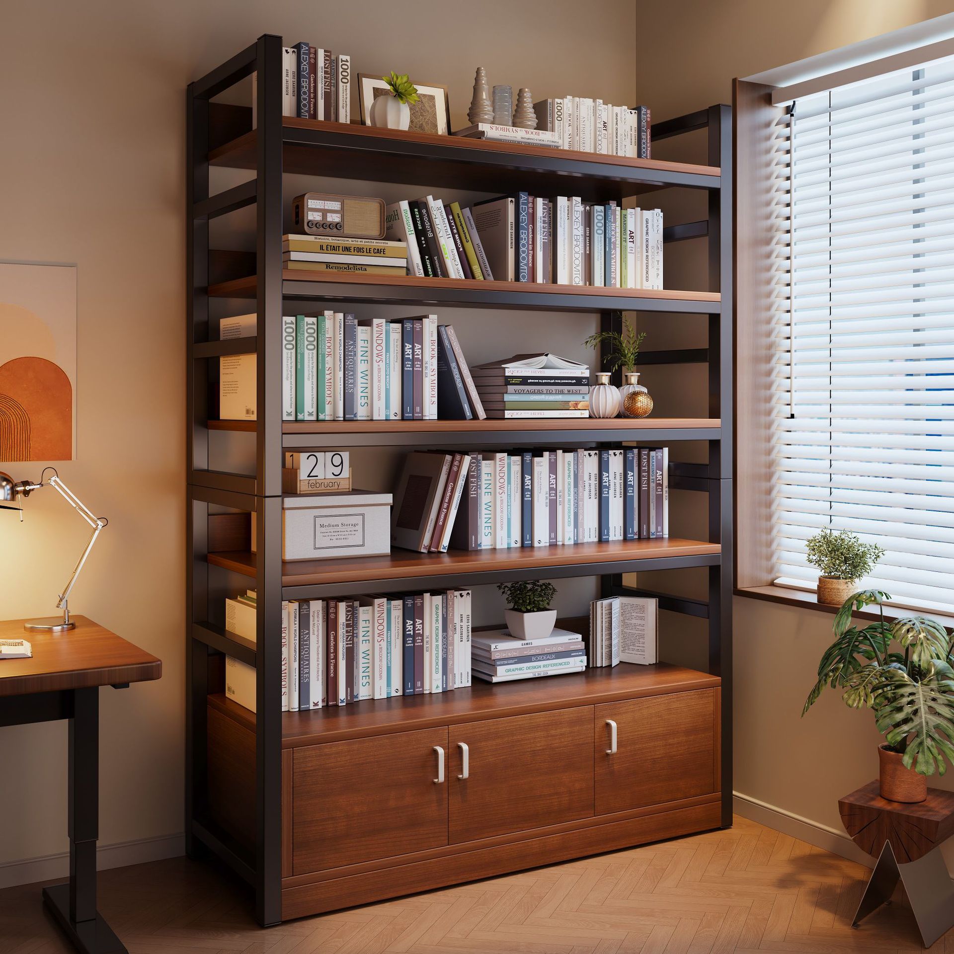 Floor-standing bookshelf, home-use integrated wall-mounted storage cabinet, storage cabinet for living room, steel-wood shelf, simple bookcase