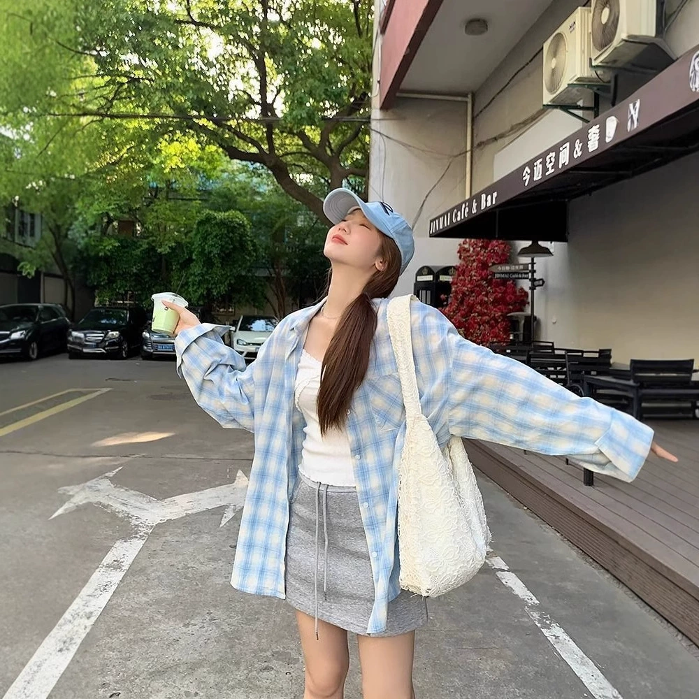 Ленивый стиль, ретро, ​​синяя клетчатая рубашка с длинными рукавами, дизайн, свободная повседневная весенне-осенняя верхняя куртка с воротником-поло для женщин
