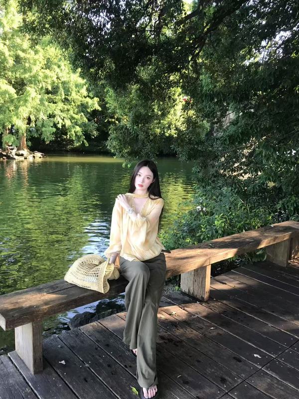 正确版！定染飘带长袖衬衫女夏季新款法式晕染灯笼袖收腰衬衣|undefined