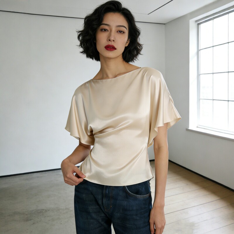 High-End Imported Acetate Minimalist Style Bell-Sleeve Shirt with Adjustable Drawstring at the Back, Loose Design, Comfortable Top