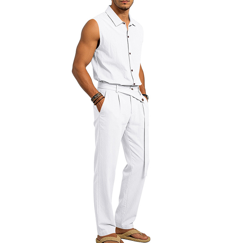 Men's Linen Blend Short Sleeve Shirt And Pants Set Breathable Casual Summer Outfit Comfortable Relaxed Fit_viptrois.com