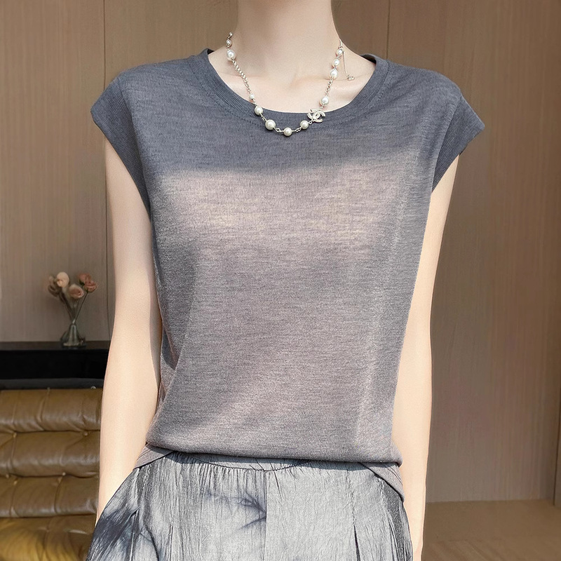 Cross-Border 2025 Thin Knitted Short-Sleeve Women's Solid Color Round Neck Small Flutter Sleeve T-Shirt Vest Simple Versatile Top for Women