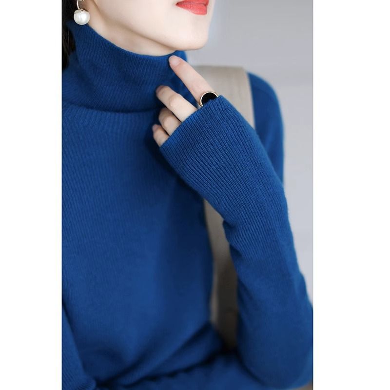 French Retro Klein Blue Pile Collar Knitwear for Women in Autumn and Winter, Knitted Knitwear, High-Neck Bottoming Shirt, Tight Top