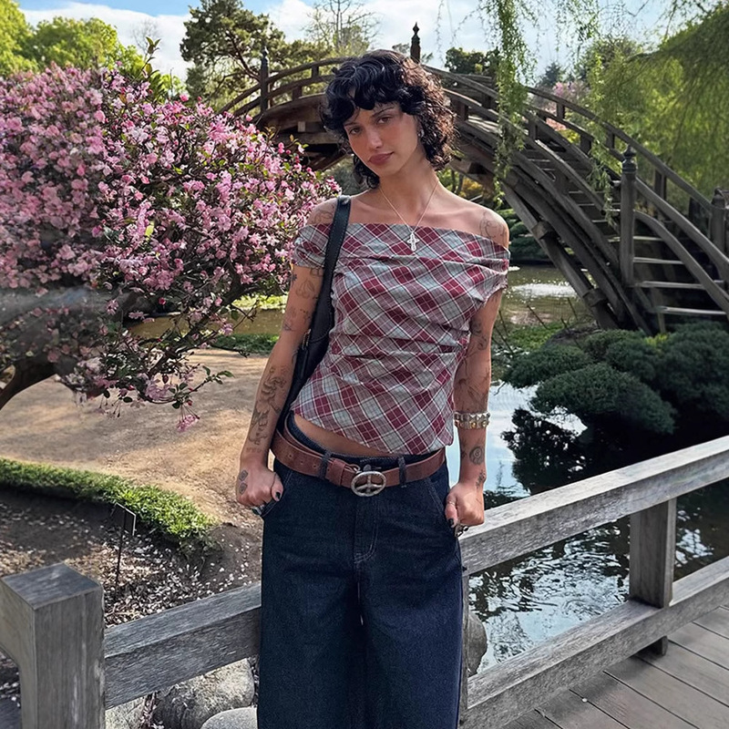 Sexy Backless Sexy One-Shoulder Slim Short Plaid Top 2025 Cross-Border European and American Style Summer New Women's Clothing