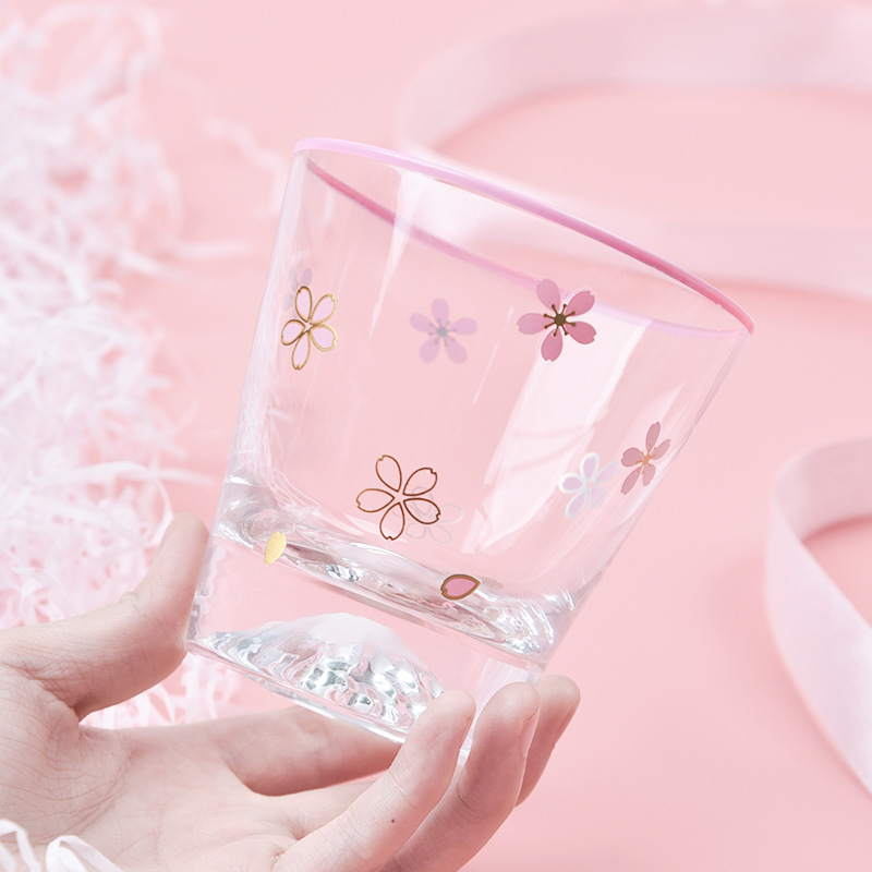 日式富士山杯水晶玻璃雪山粉色樱花果汁杯水杯家用金边随手杯网红