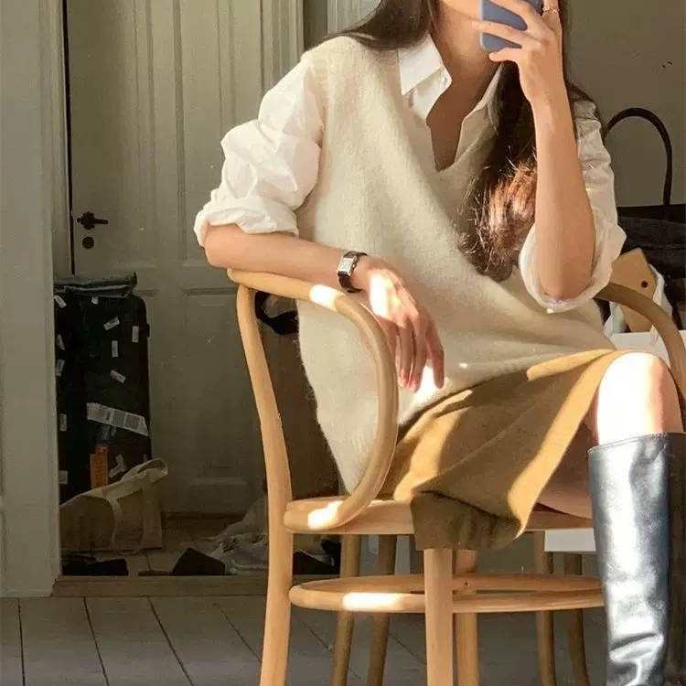 现H 2023秋季新款韩国东大门OU*CE宽松V领套头无袖针织马甲背心女