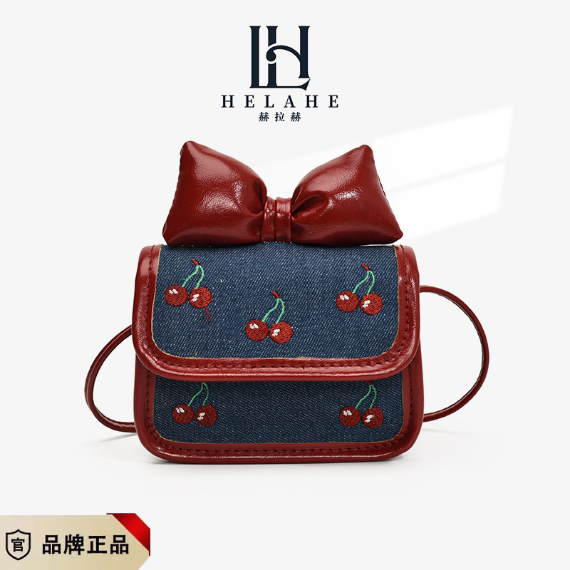 儿童包新款牛仔布刺绣樱桃小方包女童亲子蝴蝶结配饰斜挎包口红包|undefined