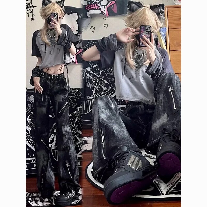 Subculture Y2K Micro-Flared Jeans for Men and Women, Spring and Autumn Design, American Punk Style, High-Waisted, Slimming Wide-Leg Pants