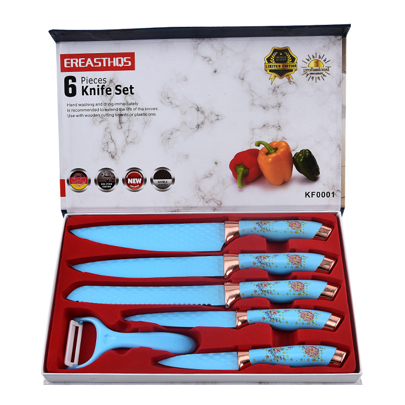 Nuevo patrón de mampostería transfronterizo doble galvanoplastia cabeza de color de flores herramientas de cuchillo de regalo de acero inoxidable herramientas de cocina