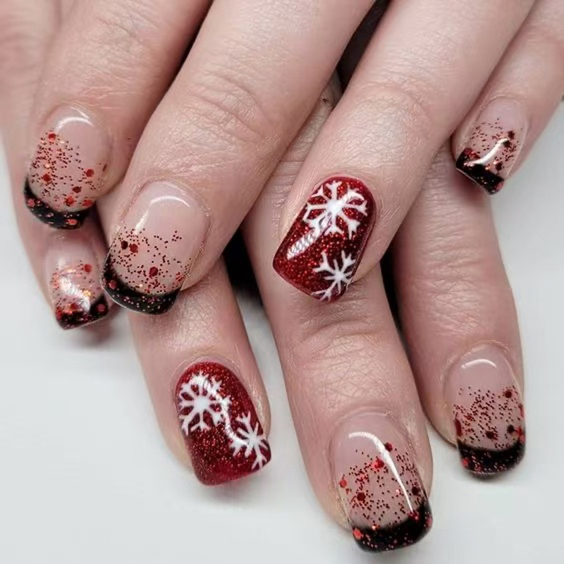 Christmas Black French Short Square Red Glitter Sequins White Snowflake Design Winter Wear Manicure Nails