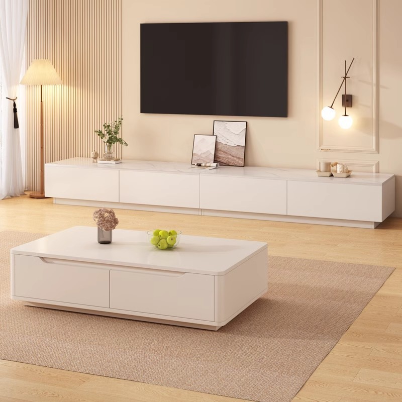 クリームスタイルの白いモダンでシンプルな家庭用テレビキャビネット床置き収納一体型コーヒーテーブル組み合わせテレビキャビネット|undefined