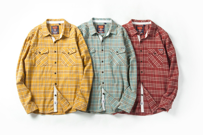 2022 spring new men's youth popular student sanding flannel retro plaid long sleeve lapel shirt