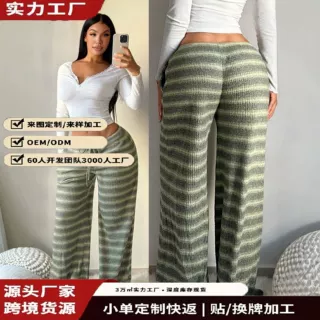 定制跨境新款复古条纹裤舒适宽松休闲裤百搭时尚抽绳阔腿裤女5XL