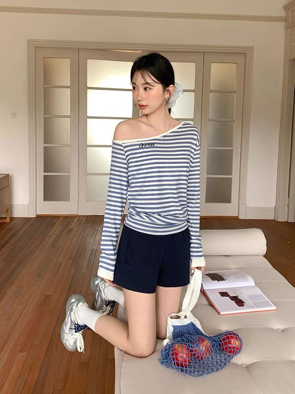 2025夏秋季新款设计感薄款长袖T恤女拼色条纹上衣慵懒风|undefined