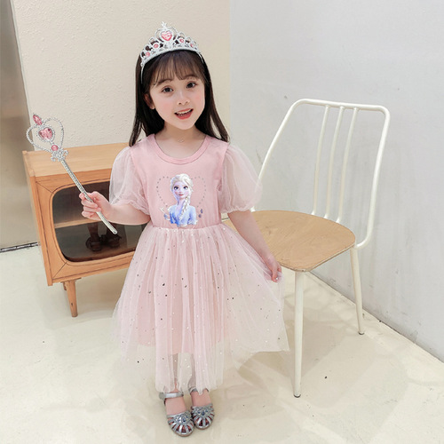 Children's Girls Dress Summer 2024 New Elsa Princess Dress Elsa Princess Dress Short Sleeve Puff Dress Performance Costume
