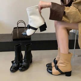 秋款小香风蝴蝶结短靴女气质名媛黑白拼色玛丽珍短靴弹力瘦瘦靴子