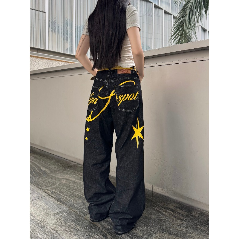 Li Xujia American Retro Washed Black Jeans for Men and Women, Loose Casual Versatile Trendy Straight Wide-Leg Pants