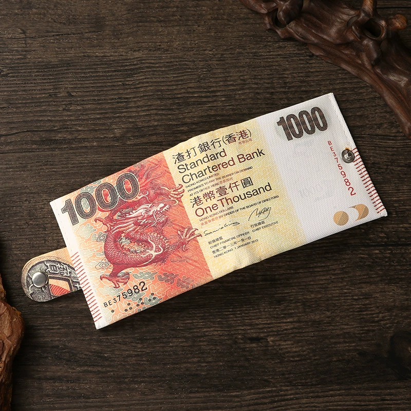 Short Wallet Canvas Card Holder, Compact 10.5×8.5×0.8 cm, Printed Currency Designs
