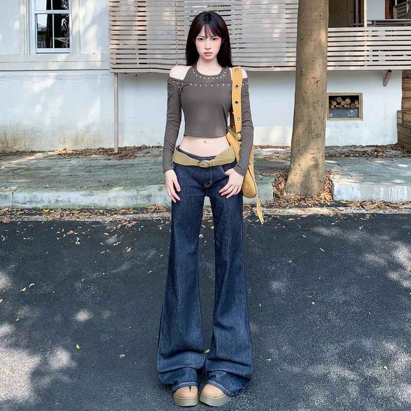 美式复古｜不规则腰头设计｜后翻袋微喇牛仔裤女牛仔布|undefined