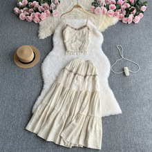 旅游度假穿搭三件套女刺绣流苏吊带背心外搭网纱长袖外套+半身裙