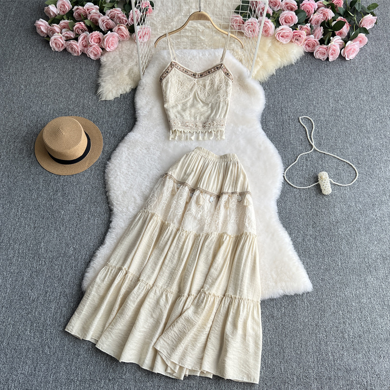 旅游度假穿搭三件套女刺绣流苏吊带背心外搭网纱长袖外套+半身裙