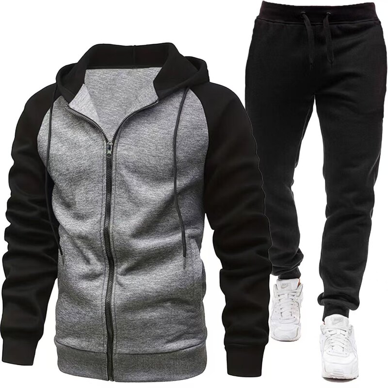New cross-border men's sweatshirt sports suit, zip-up hoodie, casual fashion long pants two-piece set